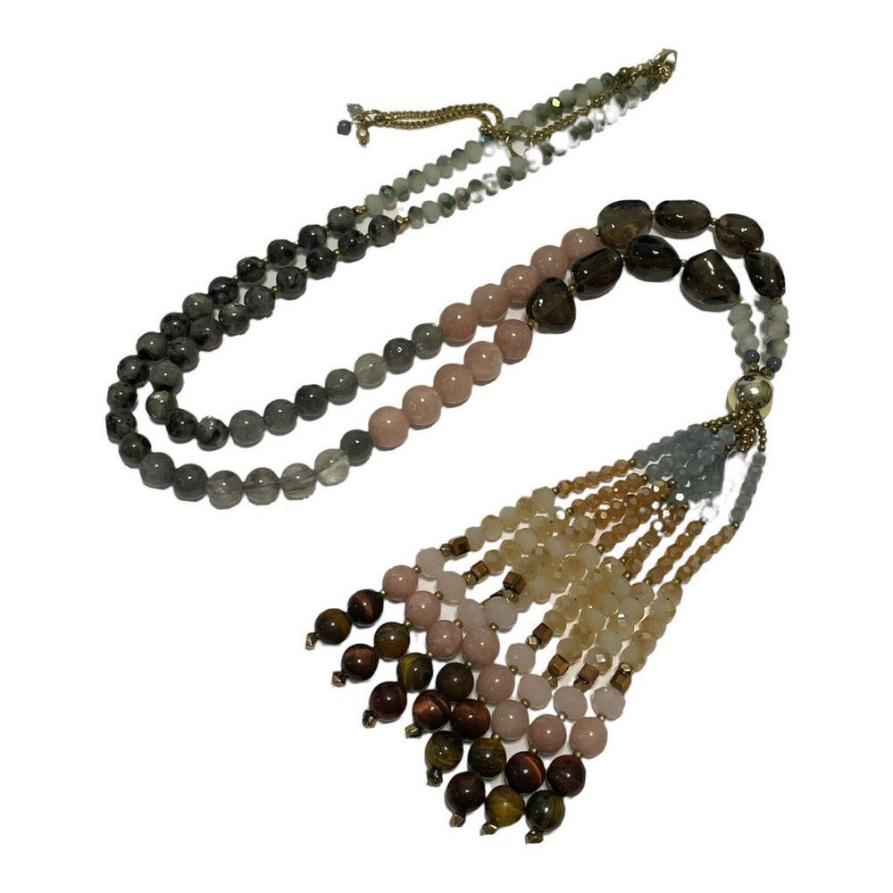 31-36” long tassel Beaded Necklace natural stones smoky rose quartz Tigers eye